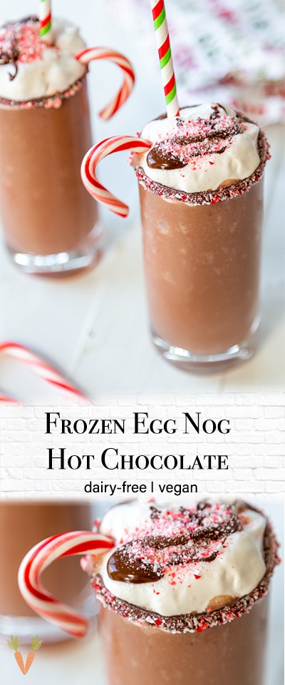 A PInterest pin for vegan frozen eggnog hot chocolate with 2 pictures of the drink.