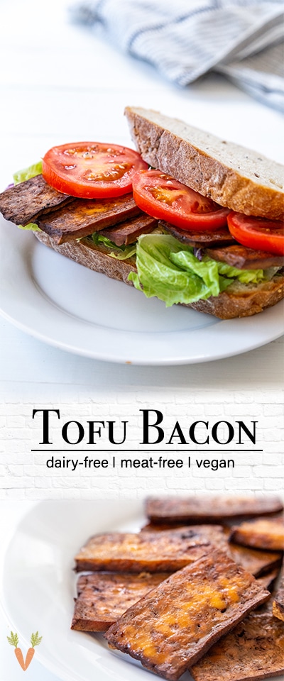A PInterest pin for tofu bacon with 2 pictures of the bacon in the pin. 