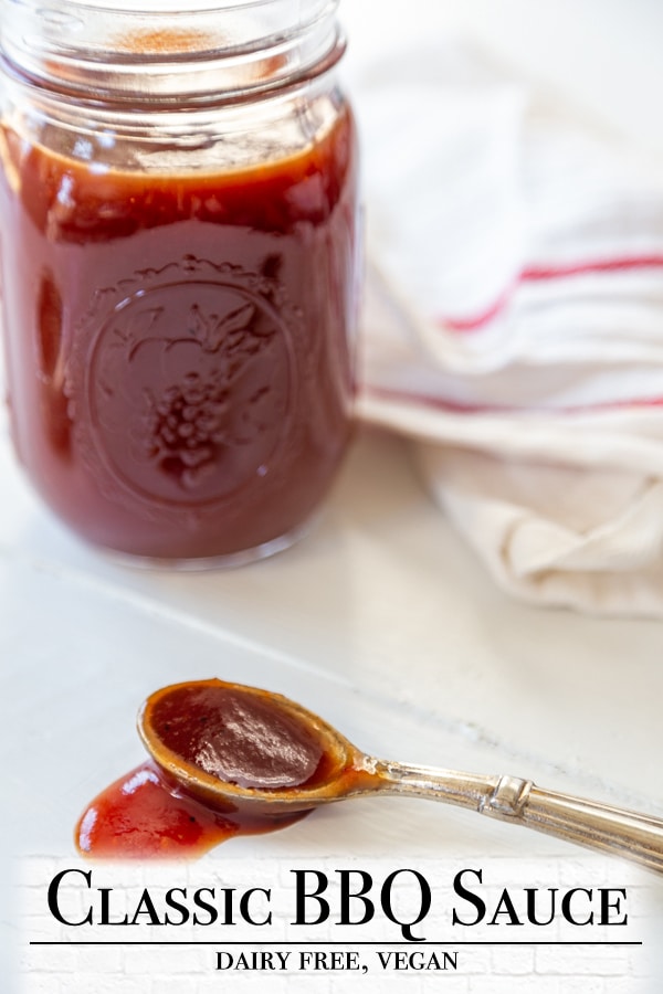A Pinterest pin for homemade bbq sauce with a picture of the sauce in a mason jar.