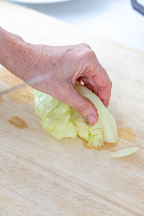 A hand holding a cabbage leaf with part of the hard stem cut off of it.