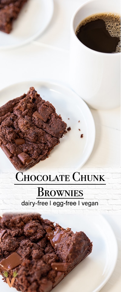 A PInterest pin for vegan chocolate chunk brownies with 2 pictures of the brownies.