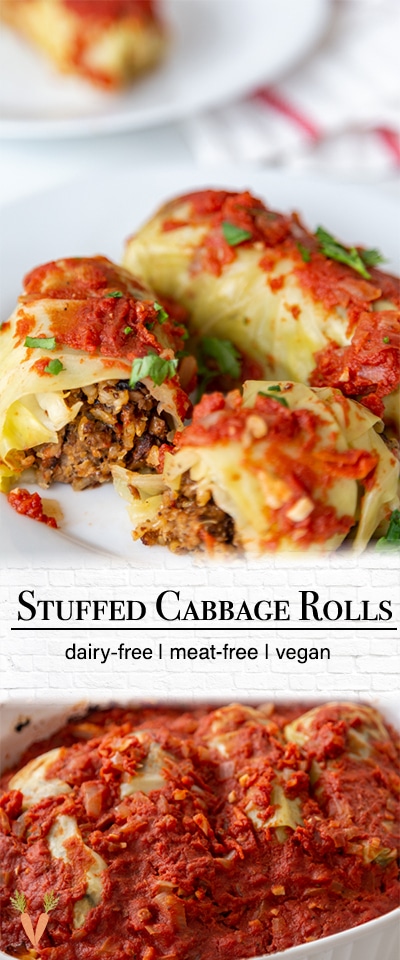 A Pinterest pin for stuffed vegan cabbage rolls with a 2 pictures of the rolls.