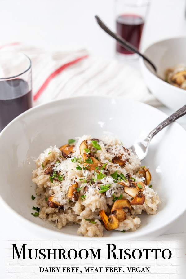 A Pinterest pin for vegan mushroom risotto with a picture of a bowl of the risotto.