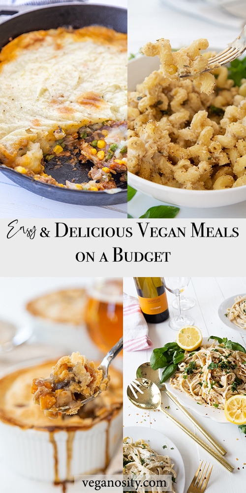A Pinterest pin for vegan meals on a budget with 4 pictures of vegan mains.