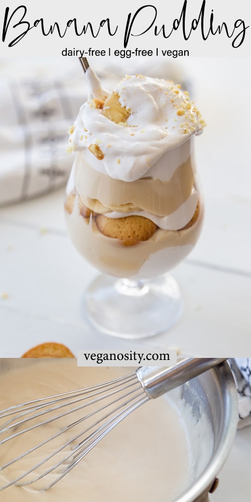 A Pinterest pin for vegan banana pudding with a picture of the layers of pudding, whipped topping, wafer cookies, and sliced bananas with a spoon in the glass.