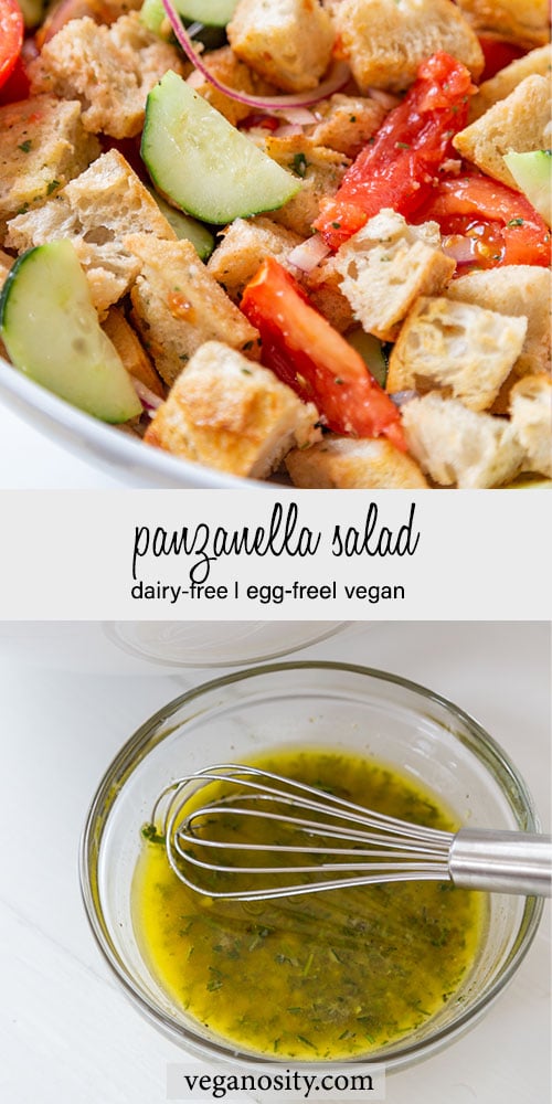 A Pinterest pin for Panzanella salad with a picture of the salad in a white bowl and a photo of a clear glass bowl with the salad dressing and a whisk.