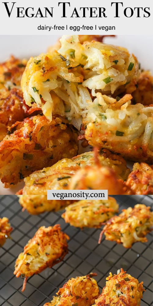 A Pinterest pin for vegan tater tots with a picture of the tots on a wire rack and of the tots on a white platter.