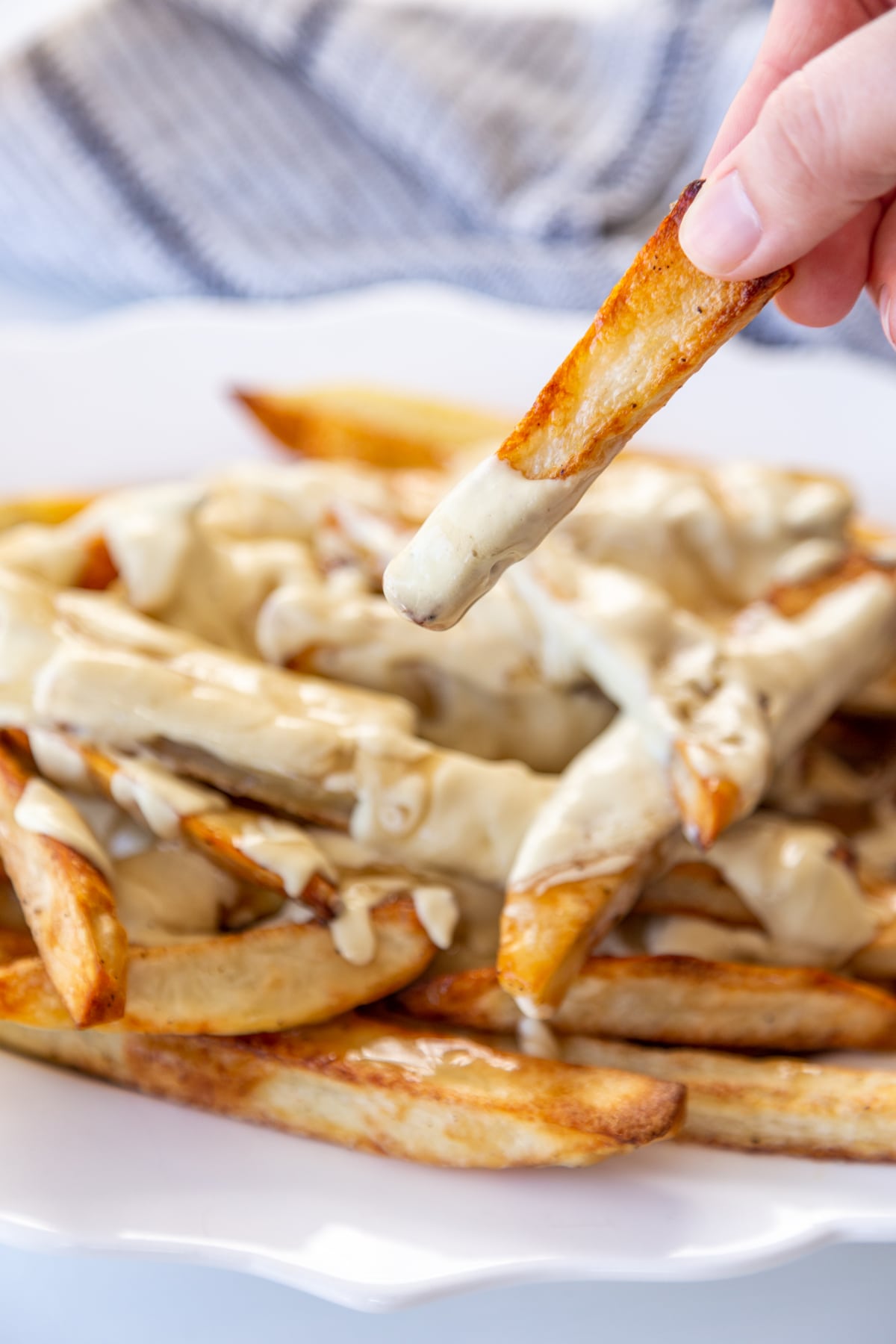 A white oval platter with poutine and a hand taking a fry with cheese sauce off of the plate.
