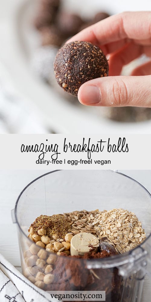 A Pinterest pin for chocolate breakfast balls with a picture of a hand holding a ball and a food processor with the ingredients in the processor.