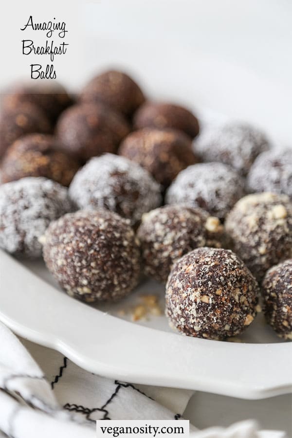 A PInterest pin for breakfast balls with a picture of a white scalloped edge platter with chocolate breakfast balls.