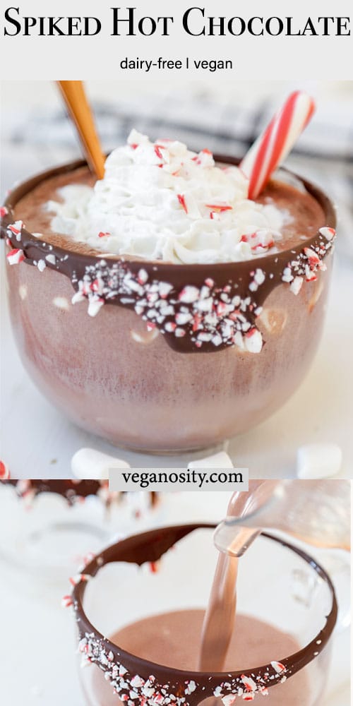 A Pinterest pin for spiked peppermint hot chocolate with a picture of the hot chocolate with whipped cream and a picture of the hot chocolate being poured into the mug.